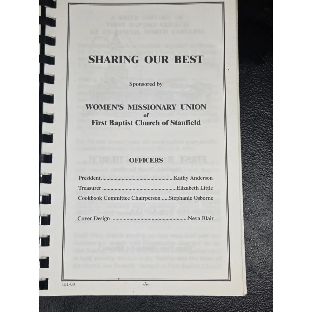First Baptist Church Of Stanfield Cookbook Stanfield, North Carolina 2000 Spiral